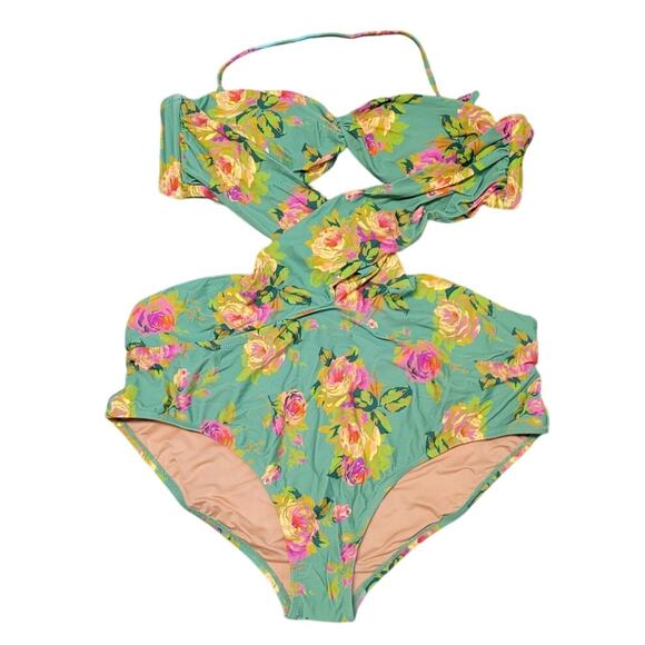 NWT J.Crew Crisscross Cutout Bandeau One Piece Swimsuit Rose Garden Bloomcore 22 - Picture 1 of 8